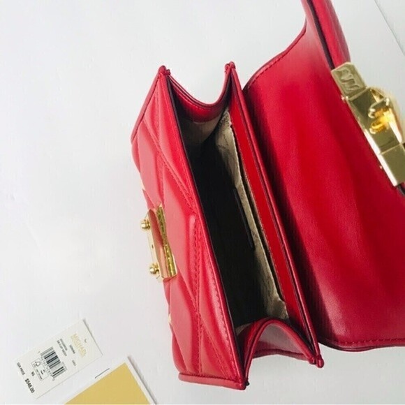 New! Michael Kors SM Flap XBody Serena Chili Quilted Stud Chain Mini Crossbody - Picture 11 of 16